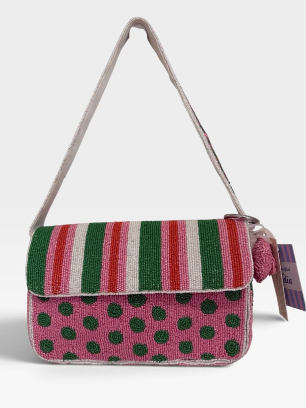Green White Pink Stripes and Polka Dots Beaded Bag Keychain Charm Made in India